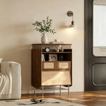 LIVARA Travertine 5-Drawer Storage Cabinet - Solid Timber Frame with Open Shelves & Metal Base for Living Room - Walnut & Beige