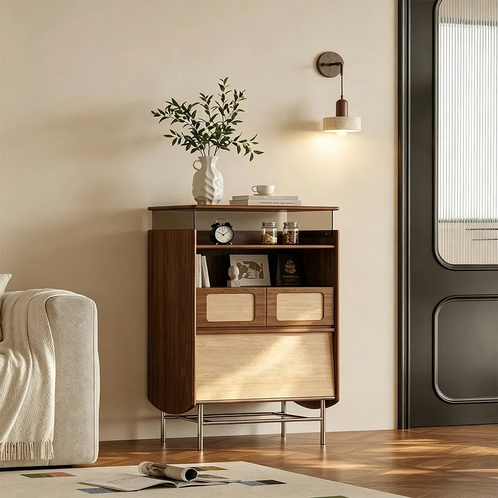 LIVARA Travertine 5-Drawer Storage Cabinet - Solid Timber Frame with Open Shelves & Metal Base for Living Room - Walnut & Beige