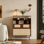 LIVARA Travertine 5-Drawer Storage Cabinet - Solid Timber Frame with Open Shelves & Metal Base for Living Room - Walnut & Beige