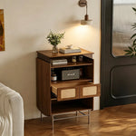 LIVARA Travertine 5-Drawer Storage Cabinet - Solid Timber Frame with Open Shelves & Metal Base for Living Room - Walnut & Beige