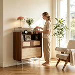 LIVARA Travertine 5-Drawer Storage Cabinet - Solid Timber Frame with Open Shelves & Metal Base for Living Room - Walnut & Beige