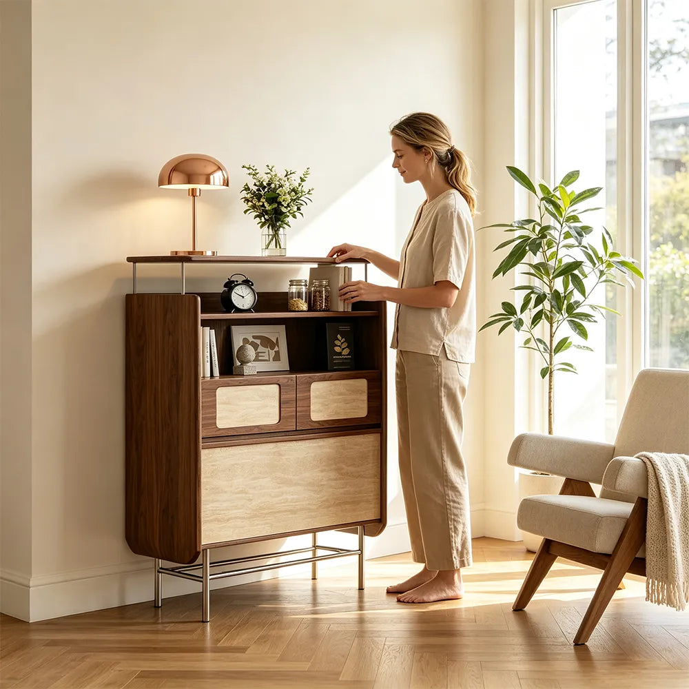 LIVARA Travertine 5-Drawer Storage Cabinet - Solid Timber Frame with Open Shelves & Metal Base for Living Room - Walnut & Beige