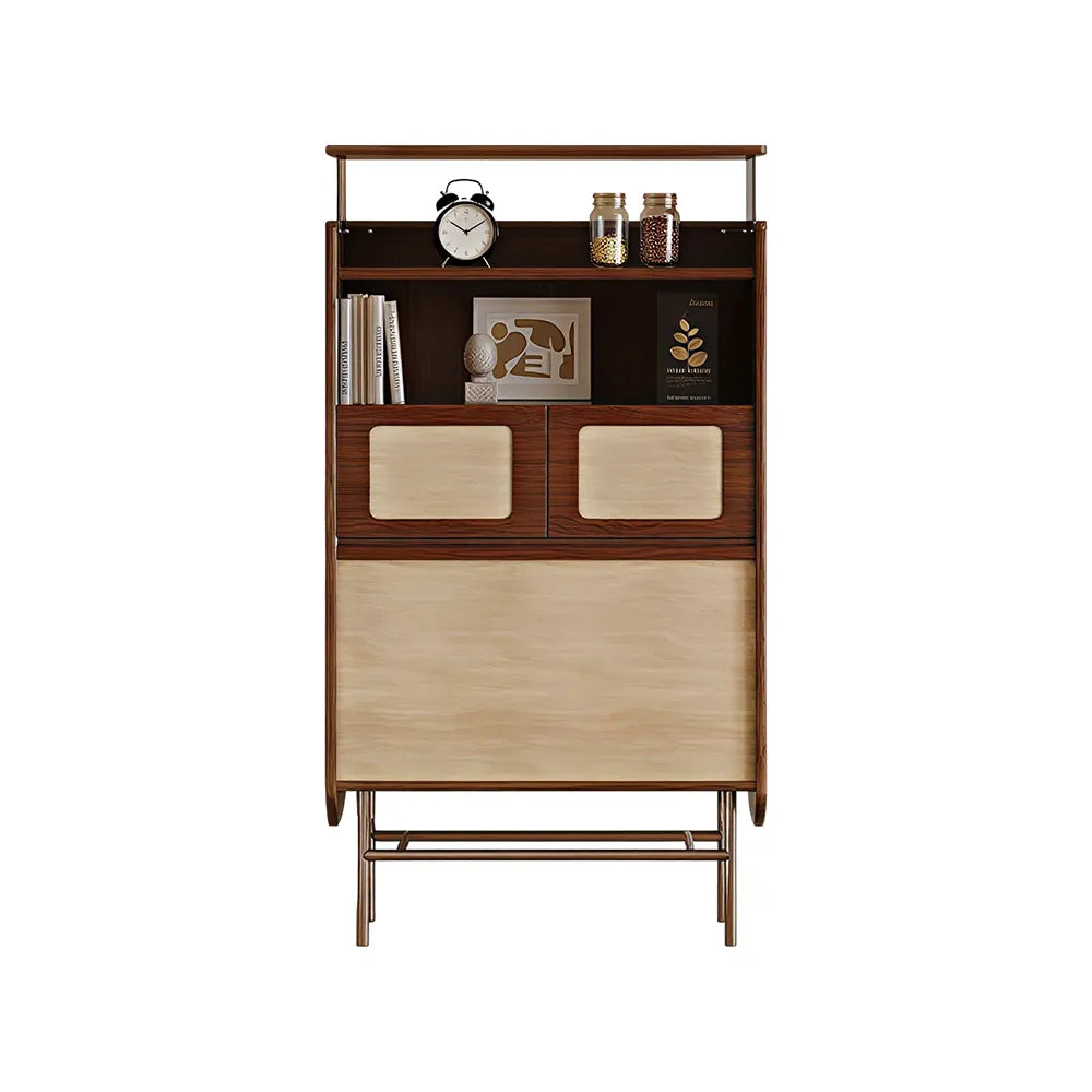 LIVARA Travertine 5-Drawer Storage Cabinet - Solid Timber Frame with Open Shelves & Metal Base for Living Room - Walnut & Beige