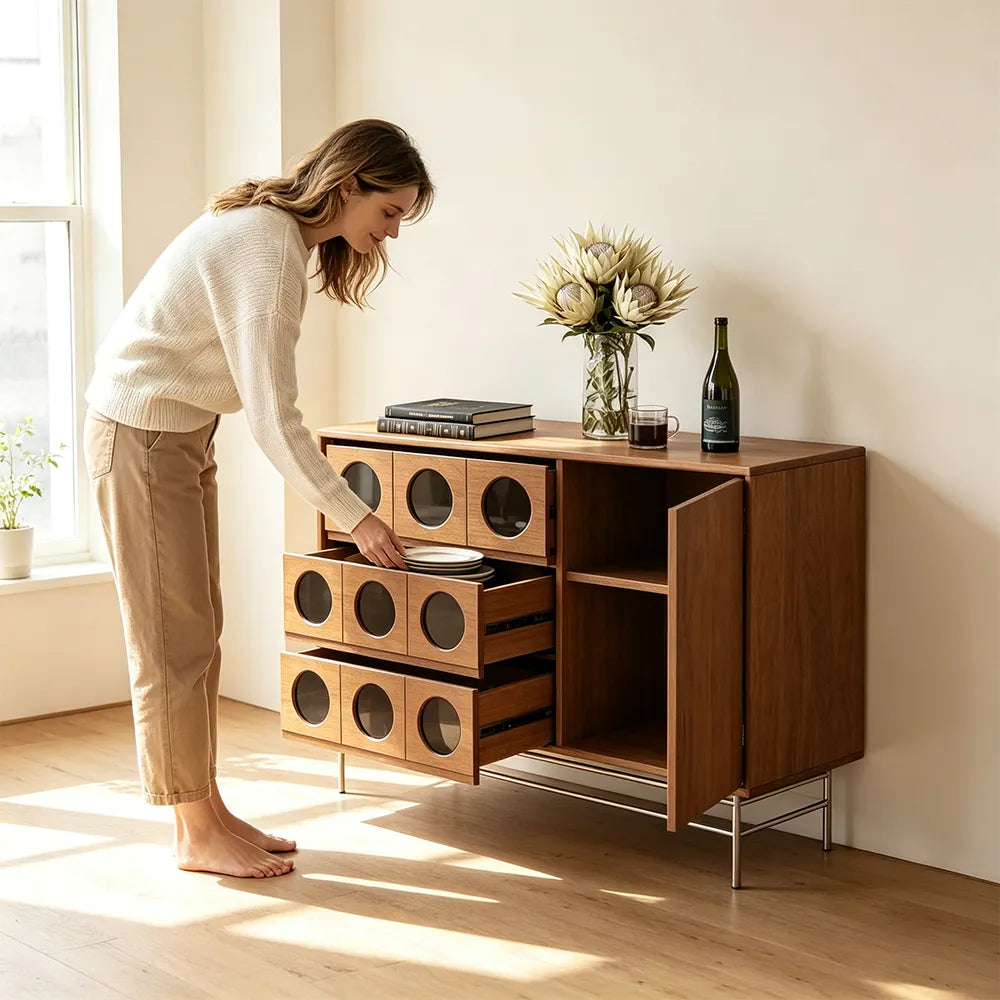 LIVARA 100cm Storage Cabinet - FAS Red Oak Finish with Multi-Drawer Storage & Metal Legs for Living Room Bedroom - Walnut