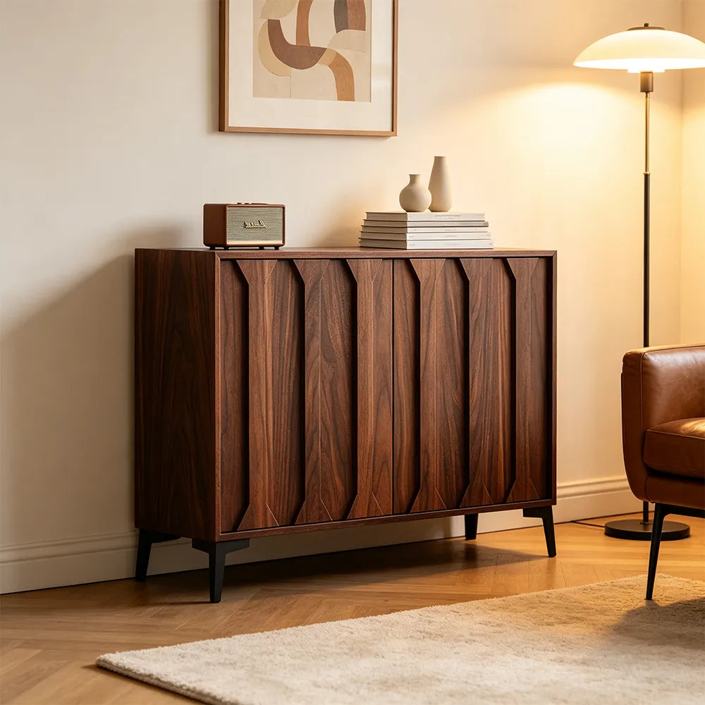 LIVARA 100cm 2-Door Sideboard - ENF Solid Core Board with Sculpted Doors & Raised Legs for Living Room Dining Room - Walnut
