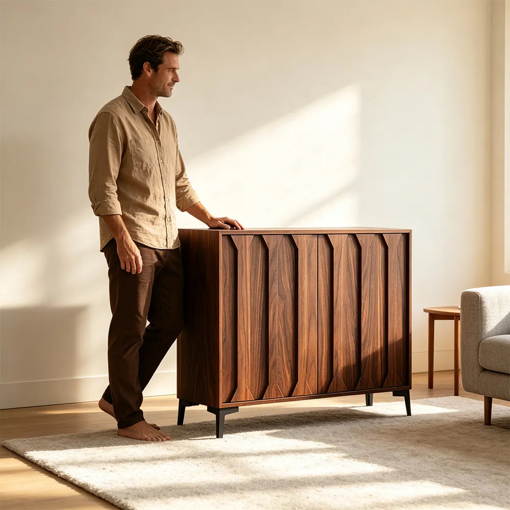 LIVARA 100cm 2-Door Sideboard - ENF Solid Core Board with Sculpted Doors & Raised Legs for Living Room Dining Room - Walnut