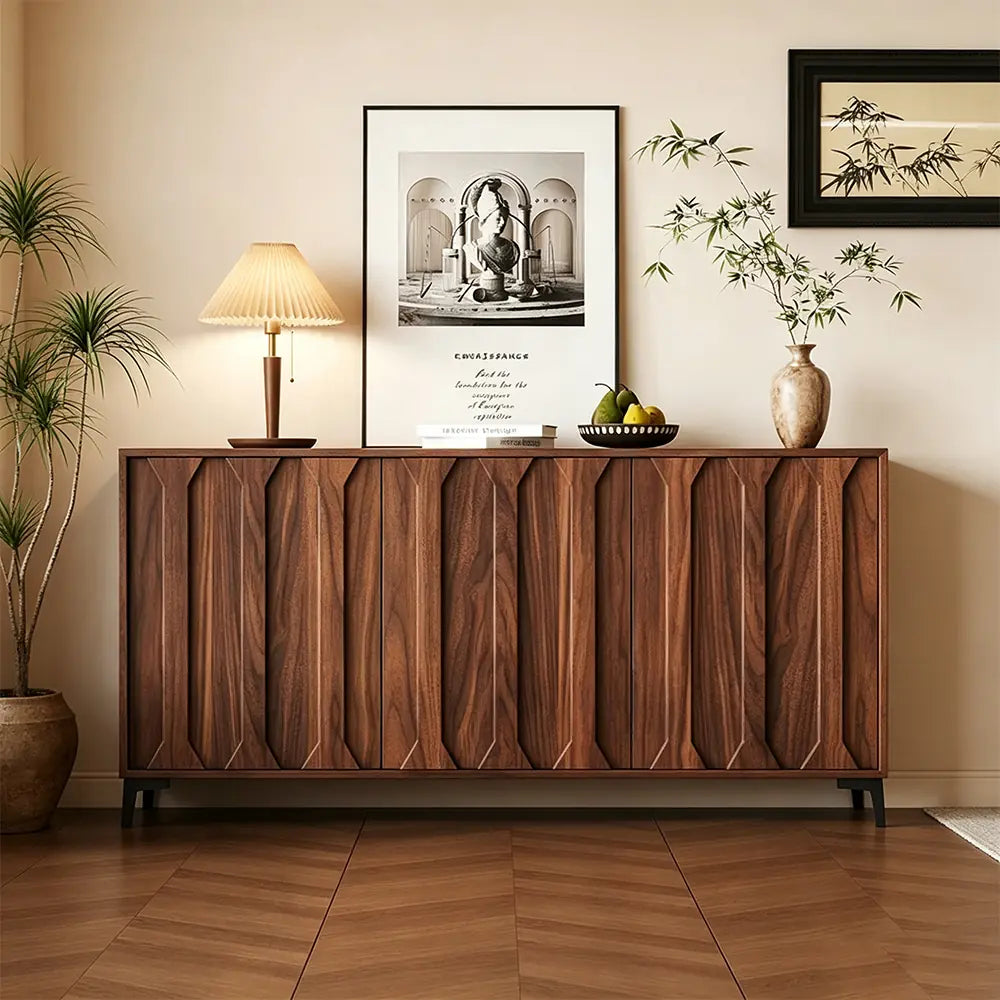 LIVARA 120cm 3-Door Sideboard - ENF Solid Core Board with Sculpted Doors & Raised Legs for Living Room Dining Room - Walnut
