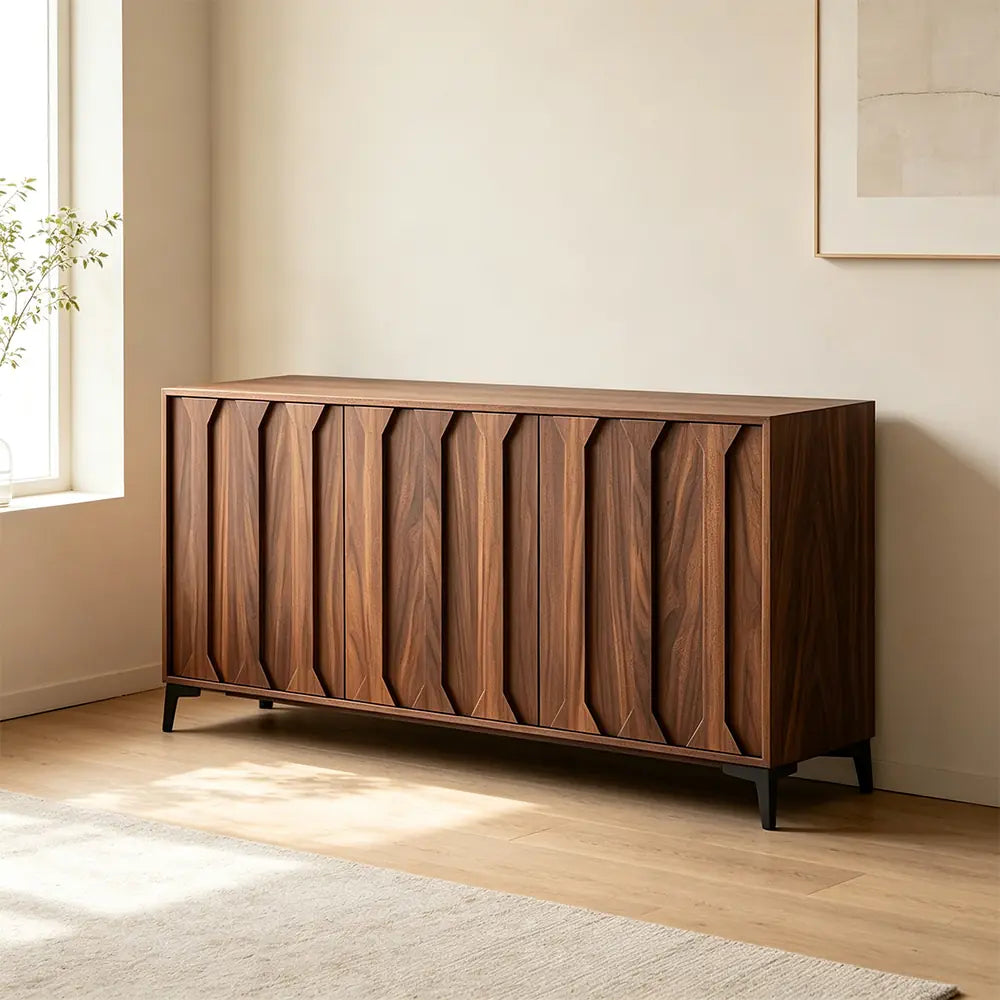 LIVARA 120cm 3-Door Sideboard - ENF Solid Core Board with Sculpted Doors & Raised Legs for Living Room Dining Room - Walnut