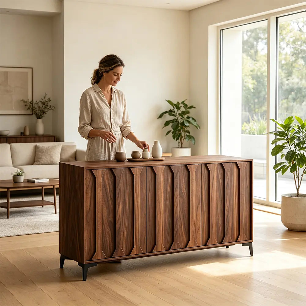 LIVARA 120cm 3-Door Sideboard - ENF Solid Core Board with Sculpted Doors & Raised Legs for Living Room Dining Room - Walnut
