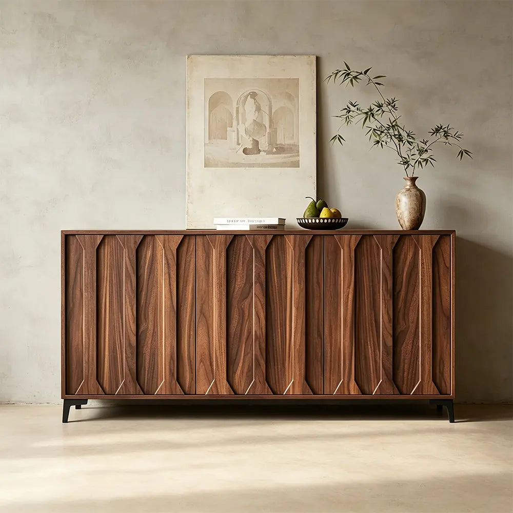 LIVARA 120cm 3-Door Sideboard - ENF Solid Core Board with Sculpted Doors & Raised Legs for Living Room Dining Room - Walnut