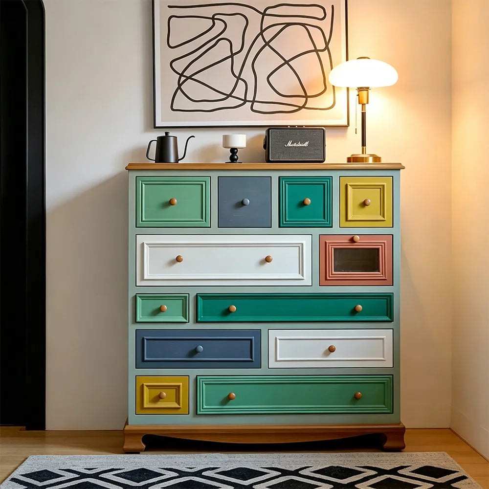 LIVARA 104cm 12-Drawer Storage Cabinet - Vintage Colour Block Design with Solid Wood Handles for Living Room & Bedroom - Teal & Multi