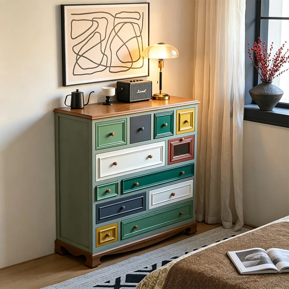 LIVARA 104cm 12-Drawer Storage Cabinet - Vintage Colour Block Design with Solid Wood Handles for Living Room & Bedroom - Teal & Multi