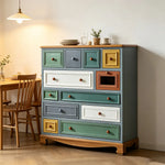 LIVARA 104cm 12-Drawer Storage Cabinet - Vintage Colour Block Design with Solid Wood Handles for Living Room & Bedroom - Teal & Multi