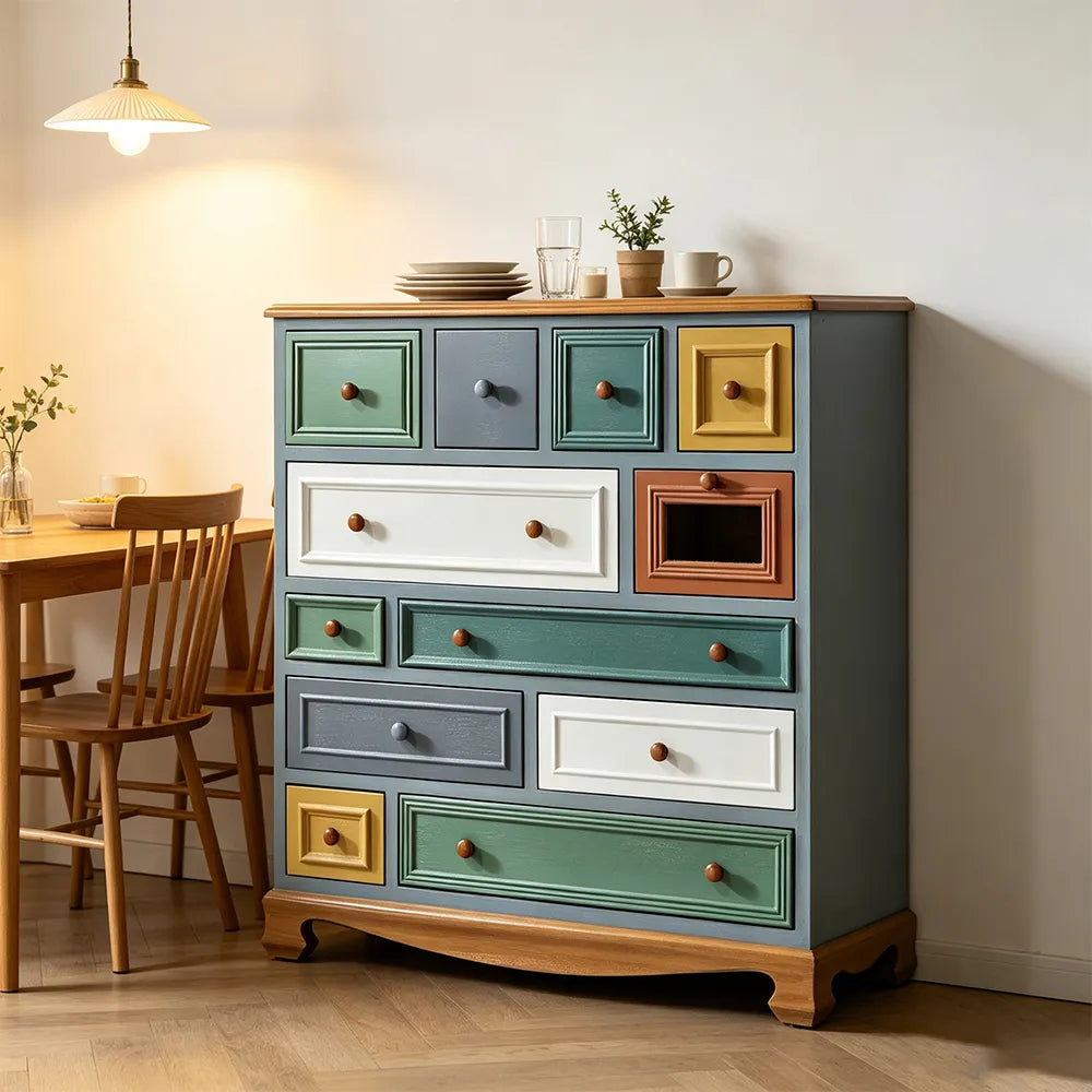 LIVARA 104cm 12-Drawer Storage Cabinet - Vintage Colour Block Design with Solid Wood Handles for Living Room & Bedroom - Teal & Multi