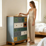 LIVARA 104cm 12-Drawer Storage Cabinet - Vintage Colour Block Design with Solid Wood Handles for Living Room & Bedroom - Teal & Multi