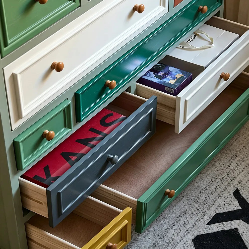 LIVARA 104cm 12-Drawer Storage Cabinet - Vintage Colour Block Design with Solid Wood Handles for Living Room & Bedroom - Teal & Multi
