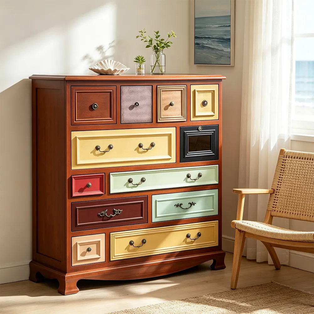 LIVARA 104cm 12-Drawer Storage Cabinet - Vintage Colour Block Design with Solid Wood Handles for Living Room & Bedroom - Wood