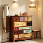 LIVARA 104cm 12-Drawer Storage Cabinet - Vintage Colour Block Design with Solid Wood Handles for Living Room & Bedroom - Wood