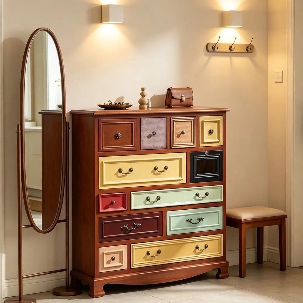 LIVARA 104cm 12-Drawer Storage Cabinet - Vintage Colour Block Design with Solid Wood Handles for Living Room & Bedroom - Wood