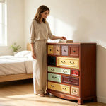 LIVARA 104cm 12-Drawer Storage Cabinet - Vintage Colour Block Design with Solid Wood Handles for Living Room & Bedroom - Wood