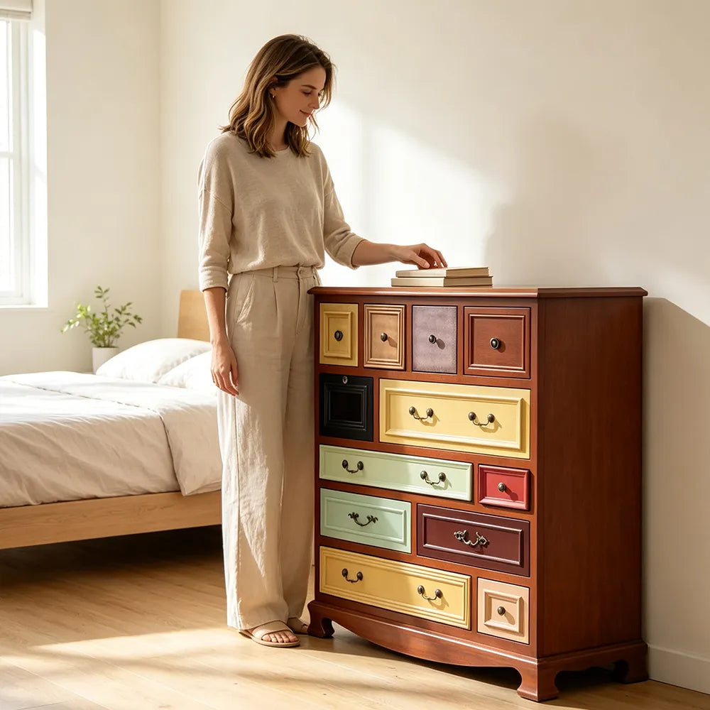 LIVARA 104cm 12-Drawer Storage Cabinet - Vintage Colour Block Design with Solid Wood Handles for Living Room & Bedroom - Wood