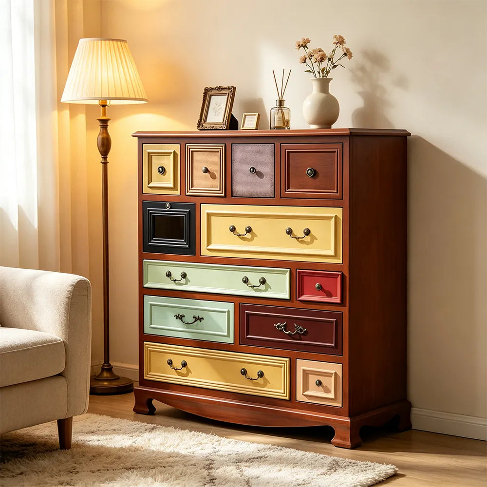 LIVARA 104cm 12-Drawer Storage Cabinet - Vintage Colour Block Design with Solid Wood Handles for Living Room & Bedroom - Wood