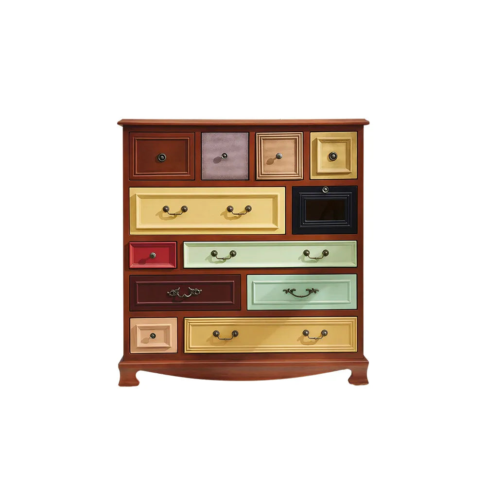 LIVARA 104cm 12-Drawer Storage Cabinet - Vintage Colour Block Design with Solid Wood Handles for Living Room & Bedroom - Wood