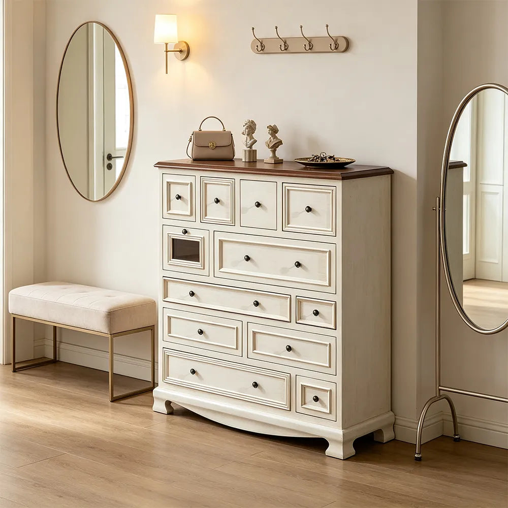 LIVARA 104cm 12-Drawer Storage Cabinet - Vintage Colour Block Design with Solid Wood Handles for Living Room & Bedroom - White