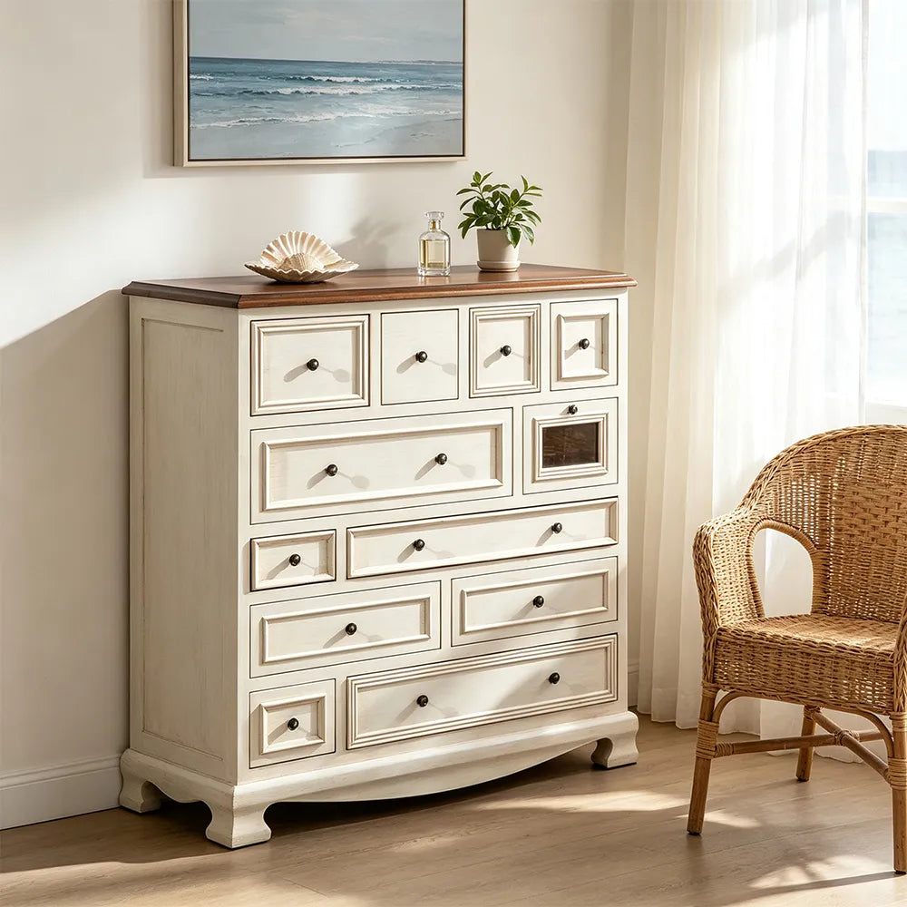 LIVARA 104cm 12-Drawer Storage Cabinet - Vintage Colour Block Design with Solid Wood Handles for Living Room & Bedroom - White