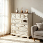 LIVARA 104cm 12-Drawer Storage Cabinet - Vintage Colour Block Design with Solid Wood Handles for Living Room & Bedroom - White