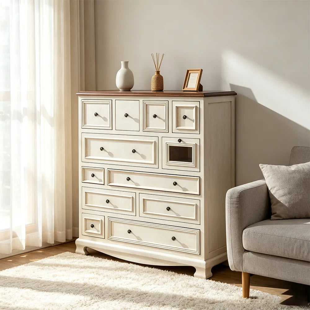 LIVARA 104cm 12-Drawer Storage Cabinet - Vintage Colour Block Design with Solid Wood Handles for Living Room & Bedroom - White
