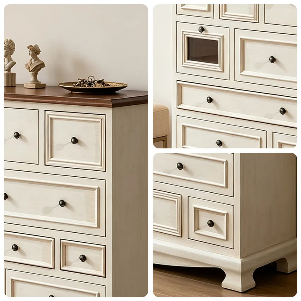 LIVARA 104cm 12-Drawer Storage Cabinet - Vintage Colour Block Design with Solid Wood Handles for Living Room & Bedroom - White