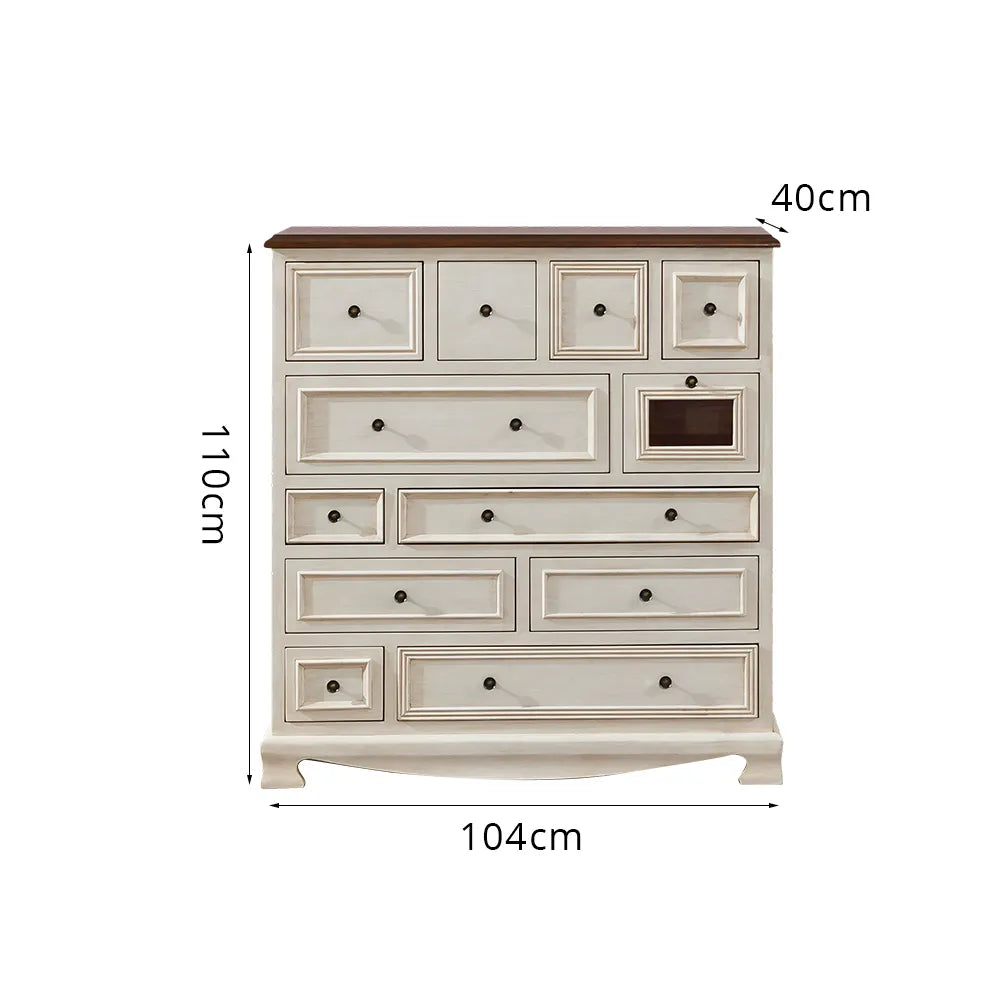 LIVARA 104cm 12-Drawer Storage Cabinet - Vintage Colour Block Design with Solid Wood Handles for Living Room & Bedroom - White