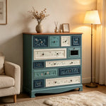 LIVARA 104cm 12-Drawer Storage Cabinet - Vintage Colour Block Design with Solid Wood Handles for Living Room & Bedroom - Blue