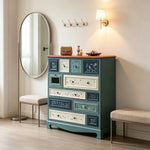 LIVARA 104cm 12-Drawer Storage Cabinet - Vintage Colour Block Design with Solid Wood Handles for Living Room & Bedroom - Blue