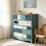 LIVARA 104cm 12-Drawer Storage Cabinet - Vintage Colour Block Design with Solid Wood Handles for Living Room & Bedroom - Blue