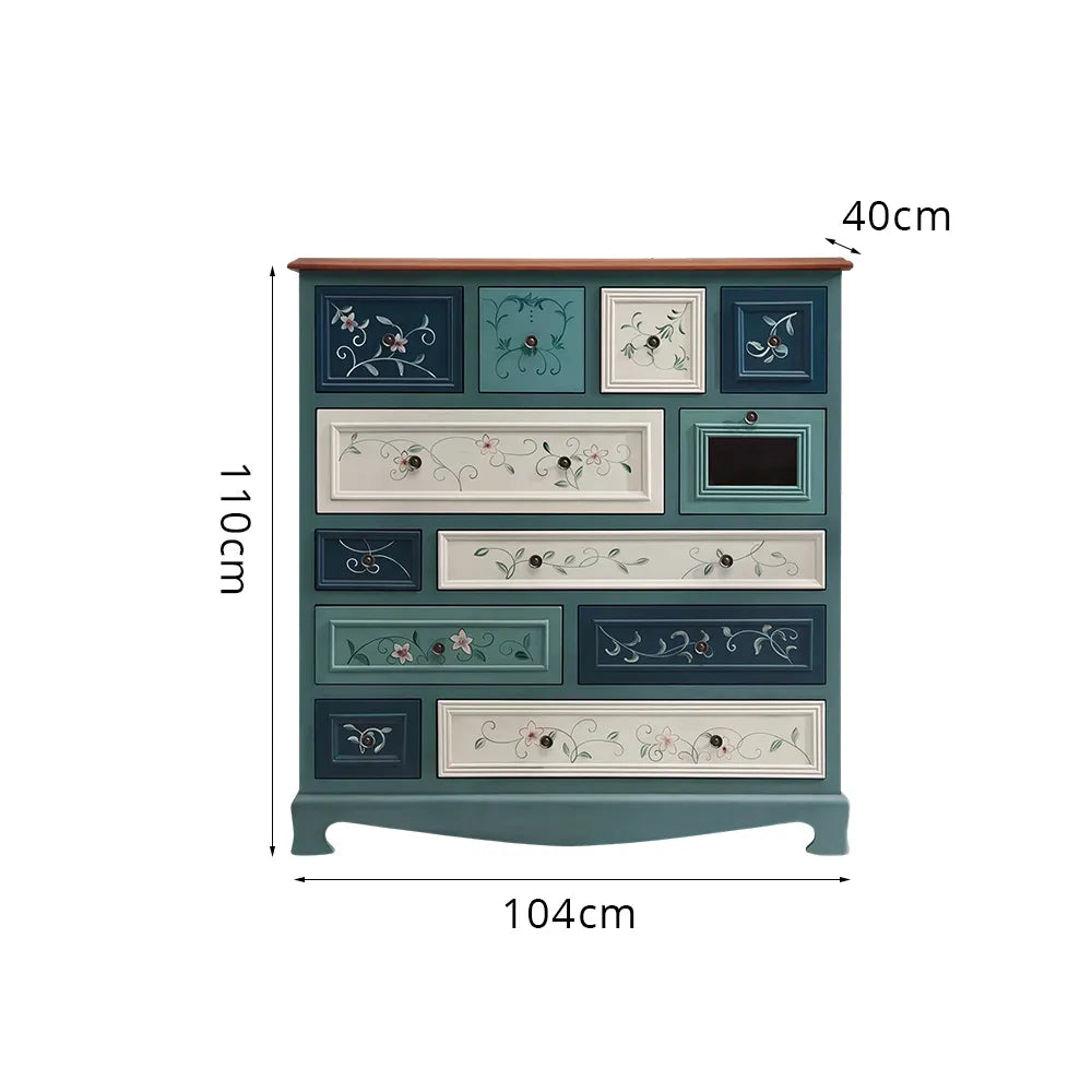 LIVARA 104cm 12-Drawer Storage Cabinet - Vintage Colour Block Design with Solid Wood Handles for Living Room & Bedroom - Blue