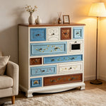 LIVARA 104cm 12-Drawer Storage Cabinet - Vintage Colour Block Design with Solid Wood Handles for Living Room & Bedroom - White