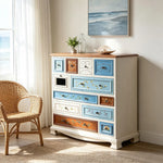 LIVARA 104cm 12-Drawer Storage Cabinet - Vintage Colour Block Design with Solid Wood Handles for Living Room & Bedroom - White