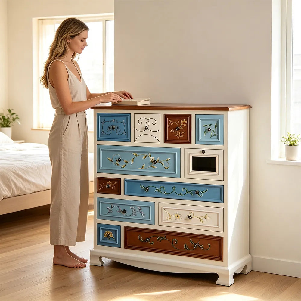 LIVARA 104cm 12-Drawer Storage Cabinet - Vintage Colour Block Design with Solid Wood Handles for Living Room & Bedroom - White