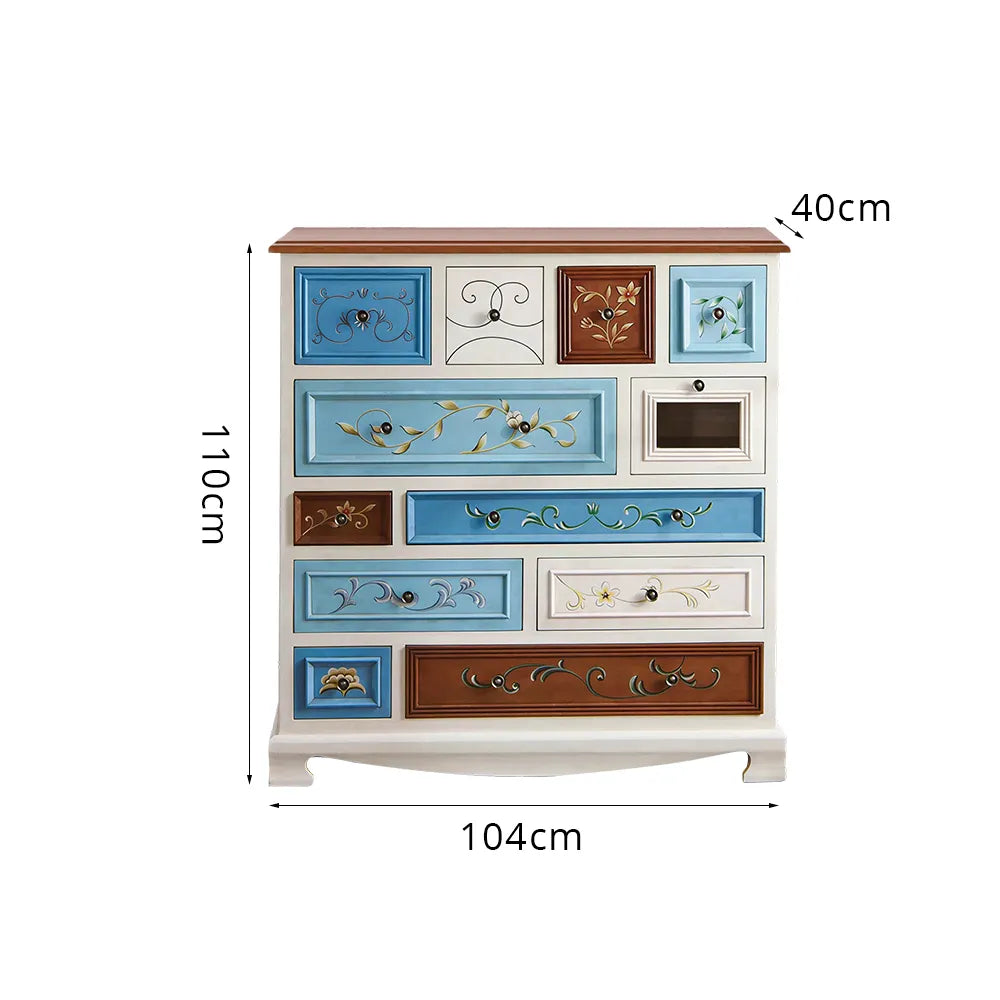 LIVARA 104cm 12-Drawer Storage Cabinet - Vintage Colour Block Design with Solid Wood Handles for Living Room & Bedroom - White