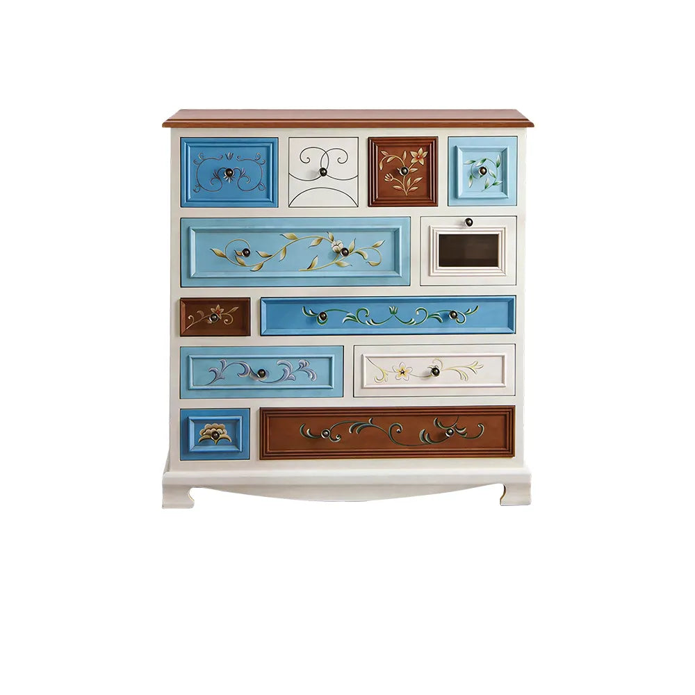 LIVARA 104cm 12-Drawer Storage Cabinet - Vintage Colour Block Design with Solid Wood Handles for Living Room & Bedroom - White