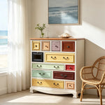 LIVARA 104cm 12-Drawer Storage Cabinet - Vintage Colour Block Design with Solid Wood Handles for Living Room & Bedroom - White & Multi