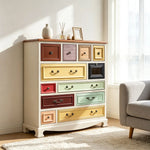 LIVARA 104cm 12-Drawer Storage Cabinet - Vintage Colour Block Design with Solid Wood Handles for Living Room & Bedroom - White & Multi