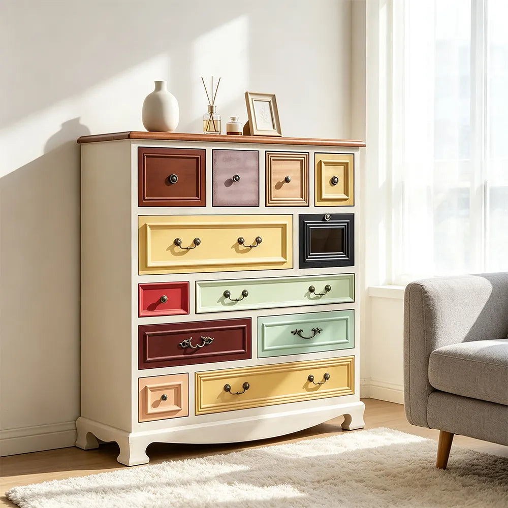 LIVARA 104cm 12-Drawer Storage Cabinet - Vintage Colour Block Design with Solid Wood Handles for Living Room & Bedroom - White & Multi