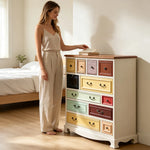 LIVARA 104cm 12-Drawer Storage Cabinet - Vintage Colour Block Design with Solid Wood Handles for Living Room & Bedroom - White & Multi
