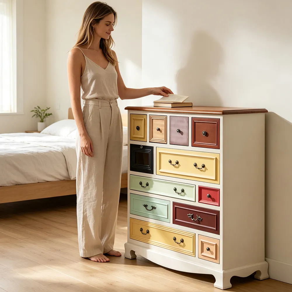 LIVARA 104cm 12-Drawer Storage Cabinet - Vintage Colour Block Design with Solid Wood Handles for Living Room & Bedroom - White & Multi