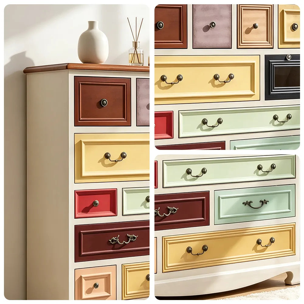 LIVARA 104cm 12-Drawer Storage Cabinet - Vintage Colour Block Design with Solid Wood Handles for Living Room & Bedroom - White & Multi