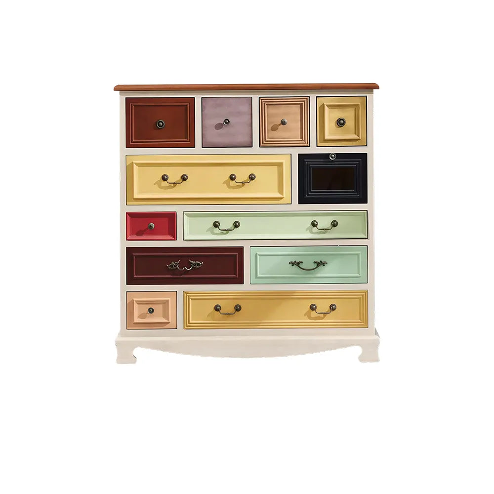 LIVARA 104cm 12-Drawer Storage Cabinet - Vintage Colour Block Design with Solid Wood Handles for Living Room & Bedroom - White & Multi