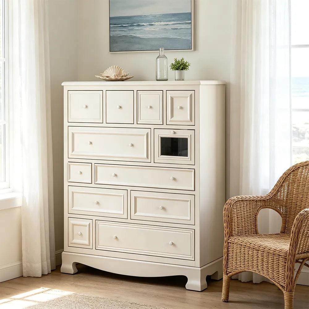 LIVARA 104cm 12-Drawer Storage Cabinet - Vintage Colour Block Design with Solid Wood Handles for Living Room & Bedroom - Beige